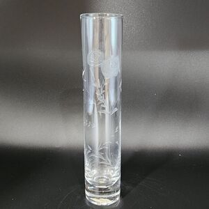 Vintage Etched Clear Glass Cylindrical Bud Vase Elegant Floral Decor 10"Hx2"W